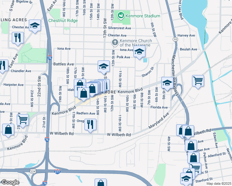 map of restaurants, bars, coffee shops, grocery stores, and more near 2222 12th Street Southwest in Akron