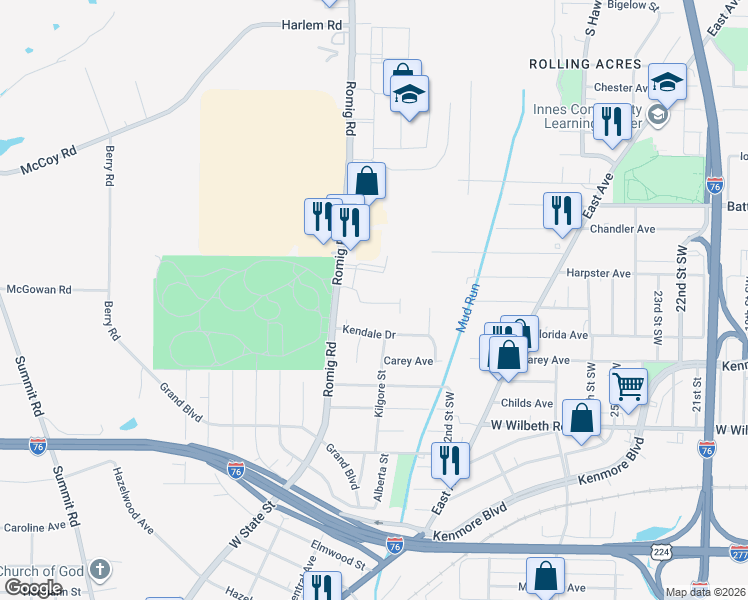 map of restaurants, bars, coffee shops, grocery stores, and more near 1449 Kendale Drive in Akron