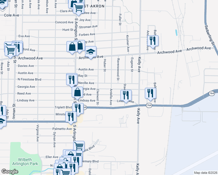 map of restaurants, bars, coffee shops, grocery stores, and more near 910 Ardella Avenue in Akron