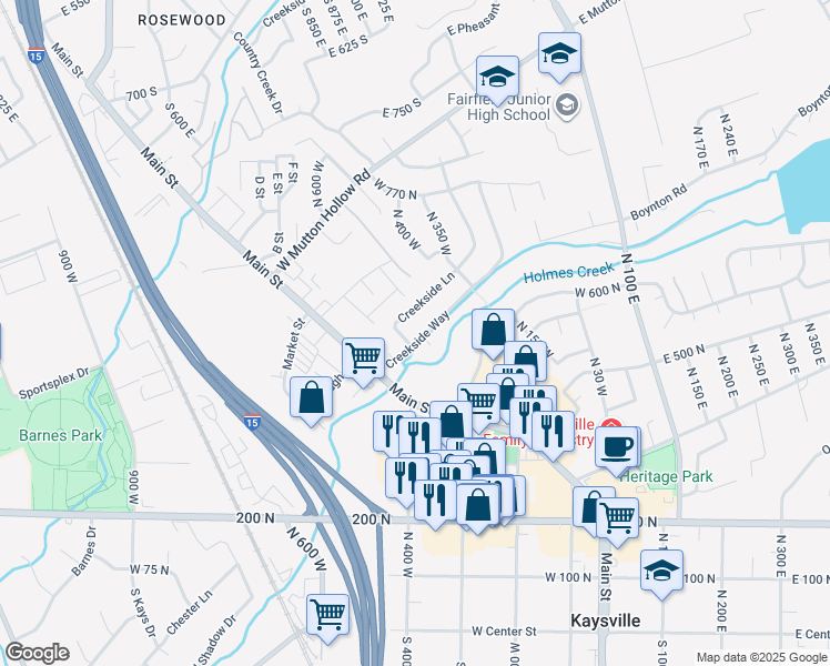 map of restaurants, bars, coffee shops, grocery stores, and more near 527 Creekside Lane in Kaysville
