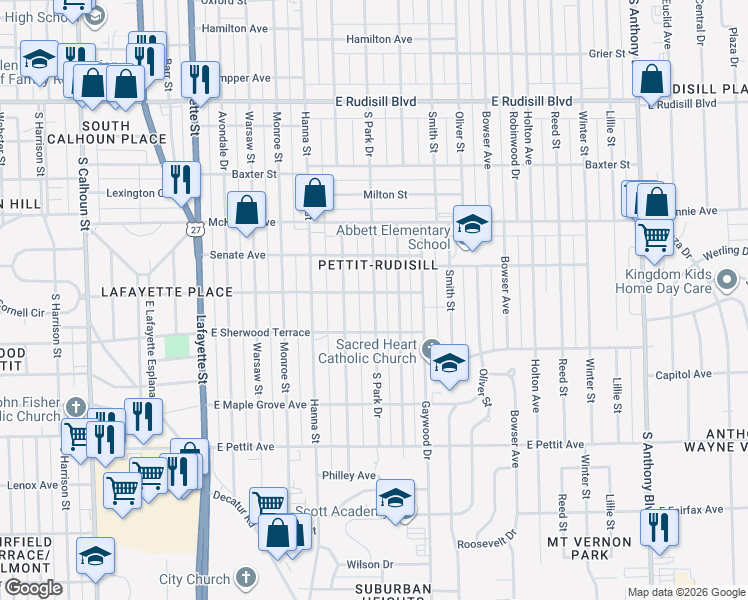 map of restaurants, bars, coffee shops, grocery stores, and more near 4506 South Park Drive in Fort Wayne