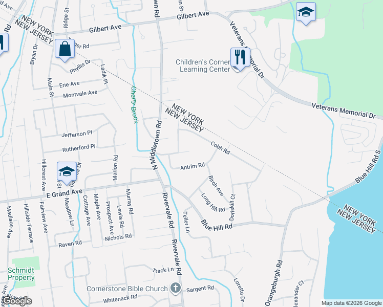 map of restaurants, bars, coffee shops, grocery stores, and more near 614 Antrim Road in River Vale
