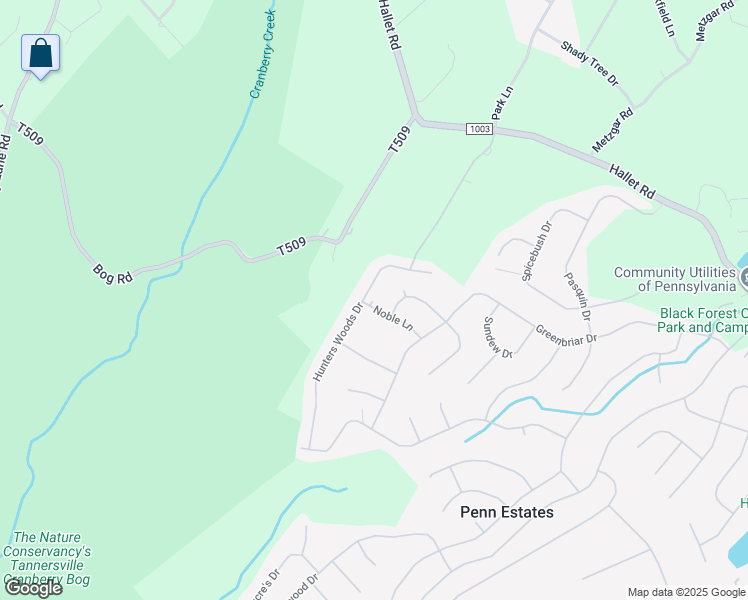 map of restaurants, bars, coffee shops, grocery stores, and more near 105 Noble Lane in East Stroudsburg