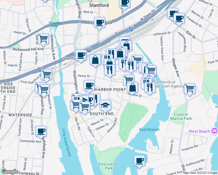 map of restaurants, bars, coffee shops, grocery stores, and more near in Stamford