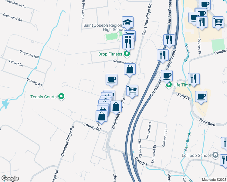 map of restaurants, bars, coffee shops, grocery stores, and more near 50 Tice Boulevard in Woodcliff Lake