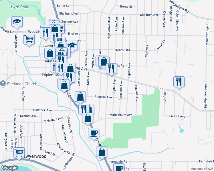 map of restaurants, bars, coffee shops, grocery stores, and more near 547 High Grove Boulevard in Akron