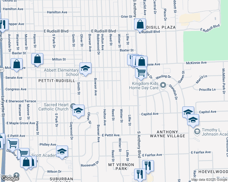map of restaurants, bars, coffee shops, grocery stores, and more near 4435 Reed Street in Fort Wayne