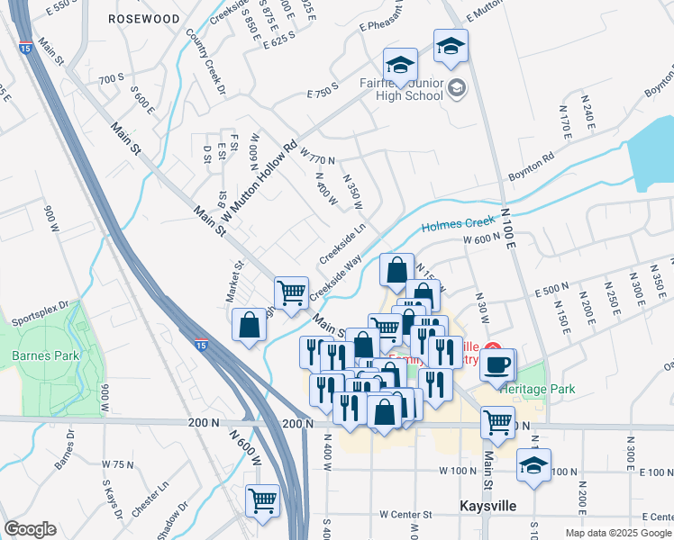 map of restaurants, bars, coffee shops, grocery stores, and more near 444 Creekside Way in Kaysville