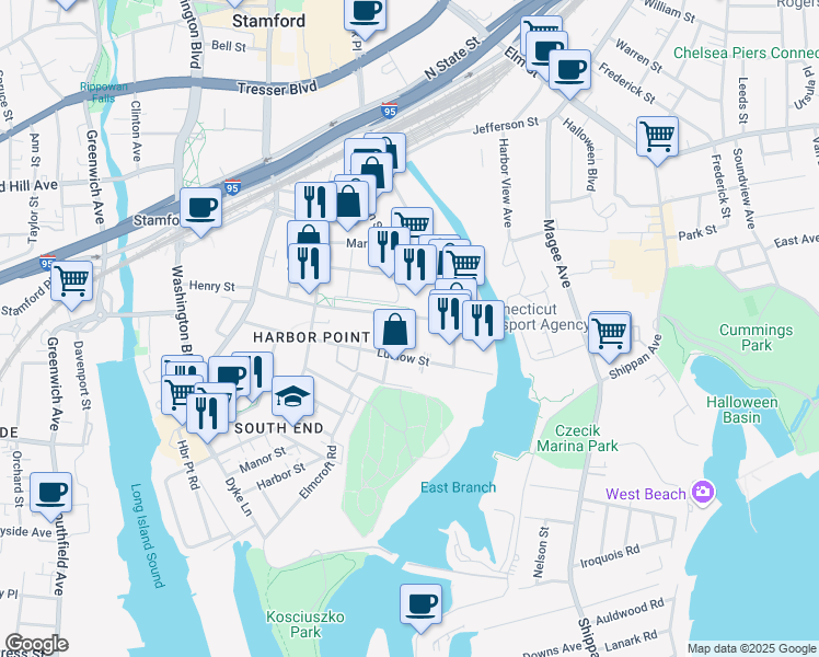 map of restaurants, bars, coffee shops, grocery stores, and more near 178 Ludlow Street in Stamford