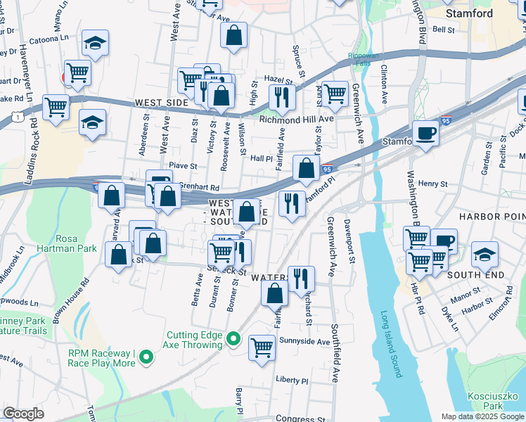 map of restaurants, bars, coffee shops, grocery stores, and more near 19 Young Dixon Way in Stamford