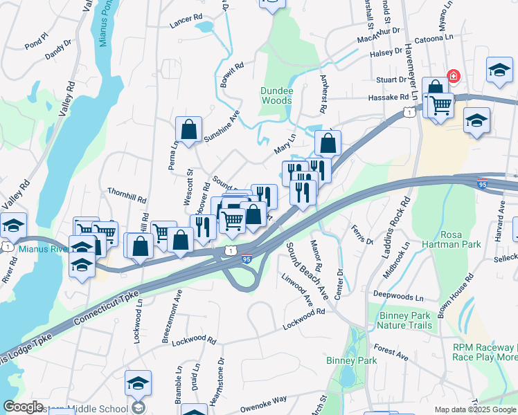 map of restaurants, bars, coffee shops, grocery stores, and more near 1297 East Putnam Avenue in Greenwich