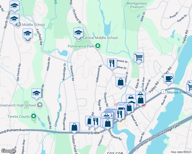 map of restaurants, bars, coffee shops, grocery stores, and more near 26 Annjim Drive in Greenwich