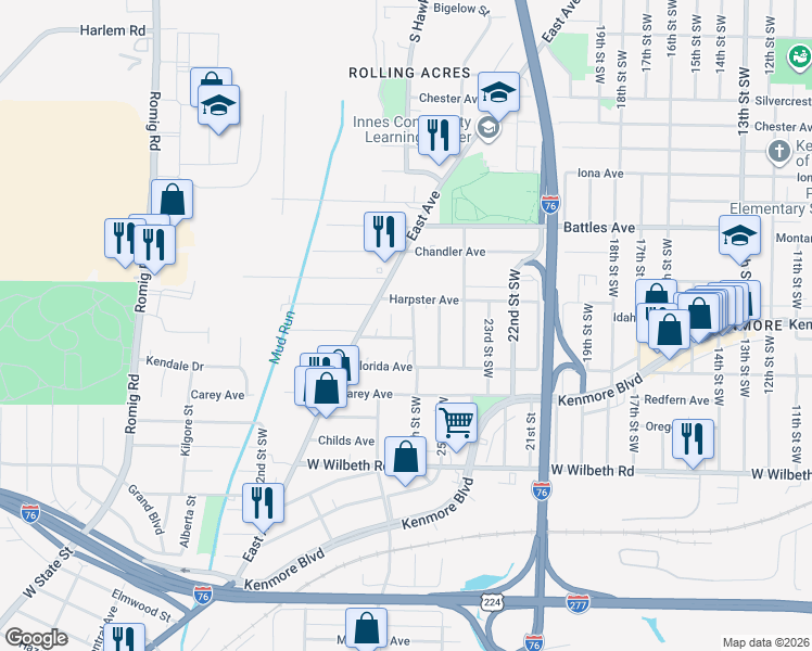 map of restaurants, bars, coffee shops, grocery stores, and more near 1228 Louisiana Avenue in Akron