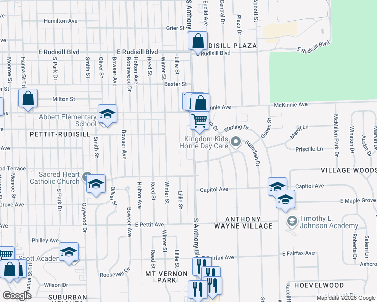 map of restaurants, bars, coffee shops, grocery stores, and more near 4609 South Anthony Boulevard in Fort Wayne