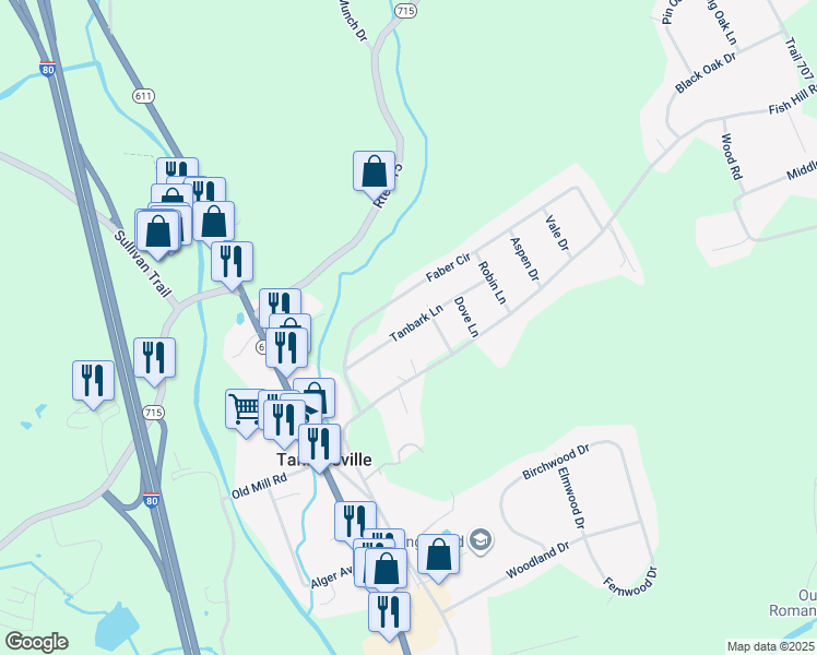 map of restaurants, bars, coffee shops, grocery stores, and more near Tanbark Lane in Tannersville
