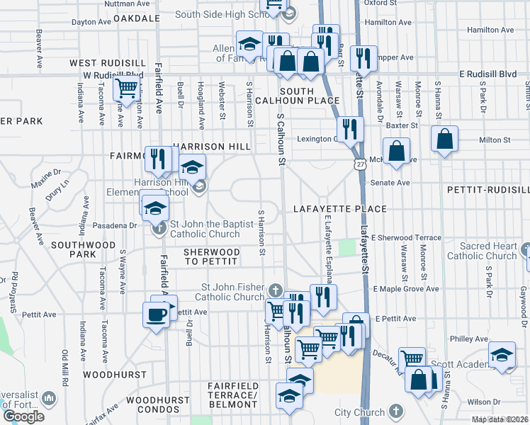 map of restaurants, bars, coffee shops, grocery stores, and more near 203 South Cornell Circle in Fort Wayne