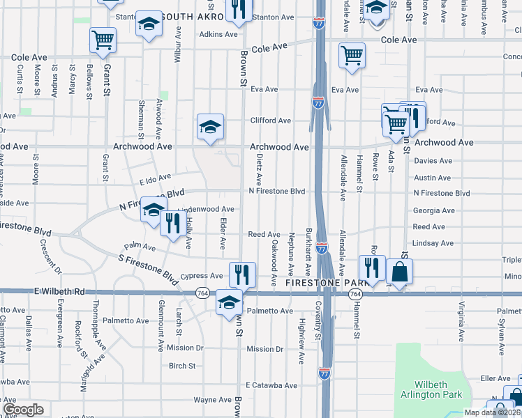 map of restaurants, bars, coffee shops, grocery stores, and more near 510 North Firestone Boulevard in Akron