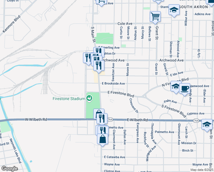 map of restaurants, bars, coffee shops, grocery stores, and more near 17 East Brookside Avenue in Akron