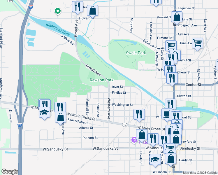 map of restaurants, bars, coffee shops, grocery stores, and more near 720 River Street in Findlay