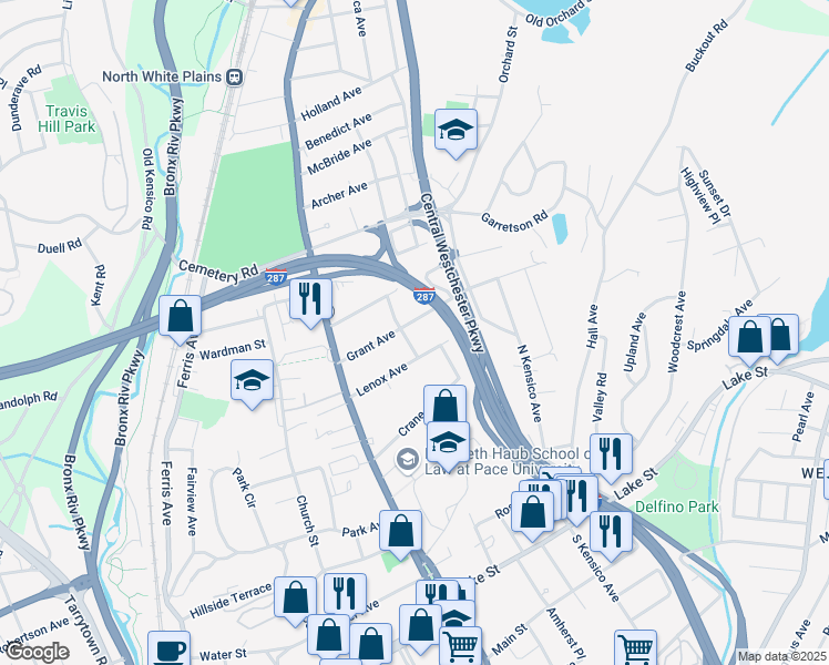 map of restaurants, bars, coffee shops, grocery stores, and more near 76 Grant Avenue in White Plains