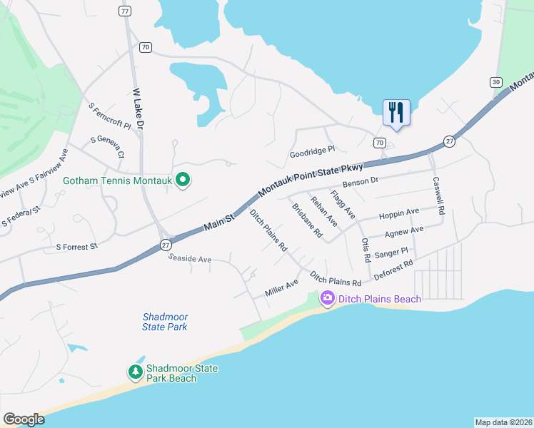 map of restaurants, bars, coffee shops, grocery stores, and more near 11 Benson Drive in Montauk