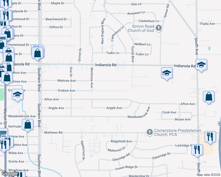 map of restaurants, bars, coffee shops, grocery stores, and more near 367 Melrose Avenue in Youngstown