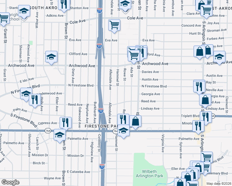 map of restaurants, bars, coffee shops, grocery stores, and more near 1244 Hammel Street in Akron