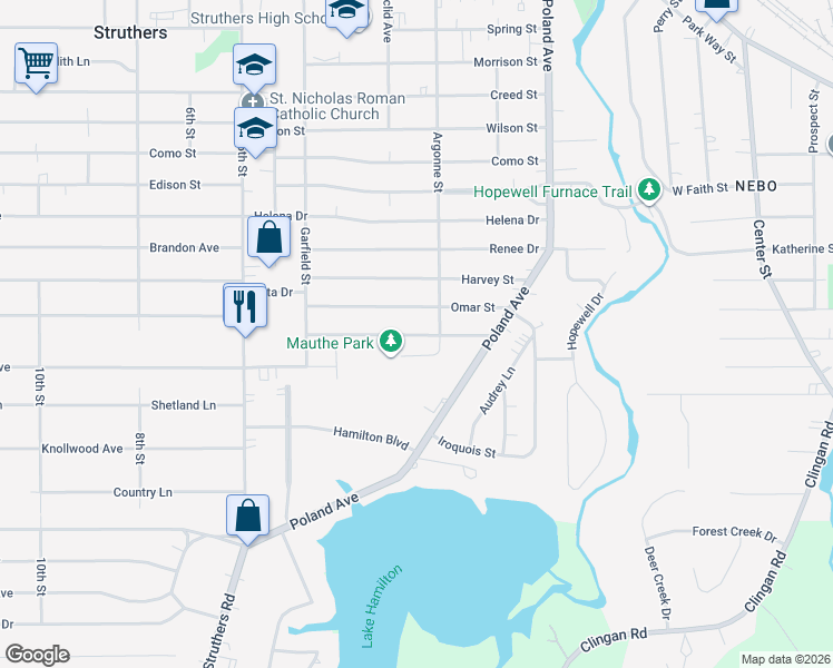 map of restaurants, bars, coffee shops, grocery stores, and more near 126 Omar Street in Struthers