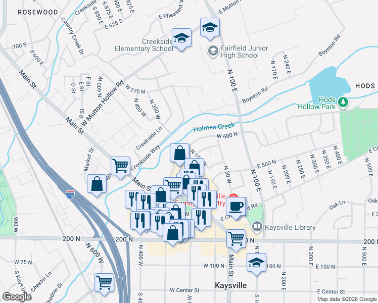 map of restaurants, bars, coffee shops, grocery stores, and more near 124 West 600 North in Kaysville