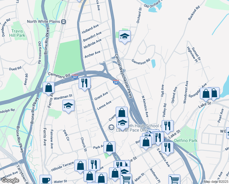 map of restaurants, bars, coffee shops, grocery stores, and more near 76 Grant Avenue in White Plains