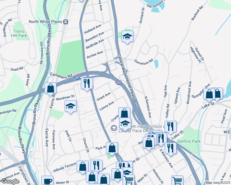 map of restaurants, bars, coffee shops, grocery stores, and more near 76 Grant Avenue in White Plains