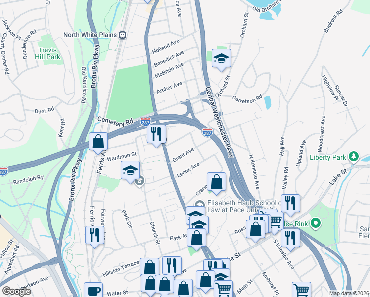map of restaurants, bars, coffee shops, grocery stores, and more near 39 Clinton Street in White Plains