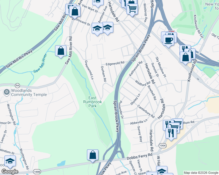 map of restaurants, bars, coffee shops, grocery stores, and more near 13 Barksdale Road in White Plains