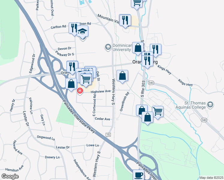 map of restaurants, bars, coffee shops, grocery stores, and more near 9E Blue Hill Commons Drive in Orangeburg