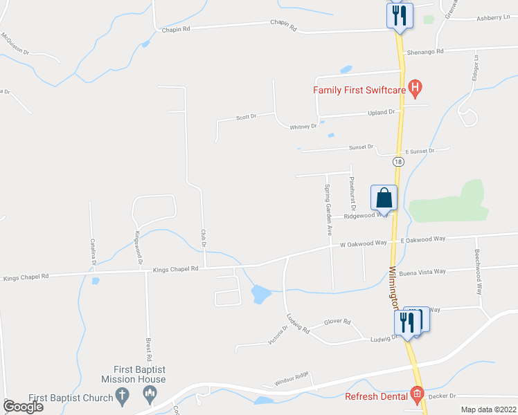 map of restaurants, bars, coffee shops, grocery stores, and more near 182 Windsor Ridge in New Castle
