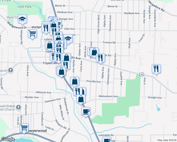 map of restaurants, bars, coffee shops, grocery stores, and more near 532 Stevenson Avenue in Akron
