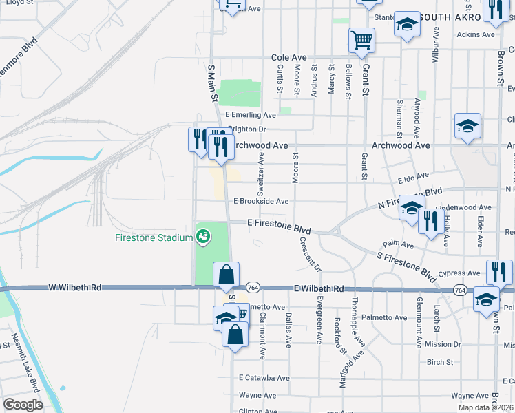 map of restaurants, bars, coffee shops, grocery stores, and more near 62 East Ido Avenue in Akron
