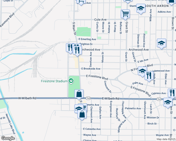 map of restaurants, bars, coffee shops, grocery stores, and more near 62 East Ido Avenue in Akron