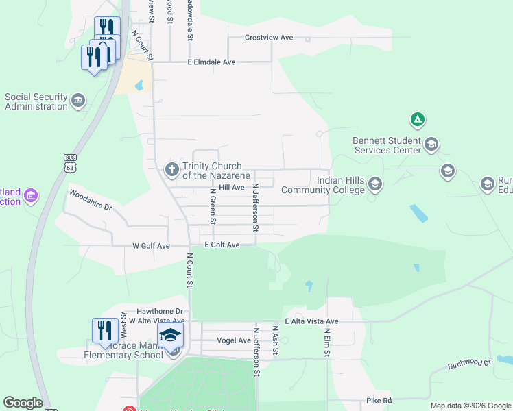map of restaurants, bars, coffee shops, grocery stores, and more near 2150 North Jefferson Street in Ottumwa