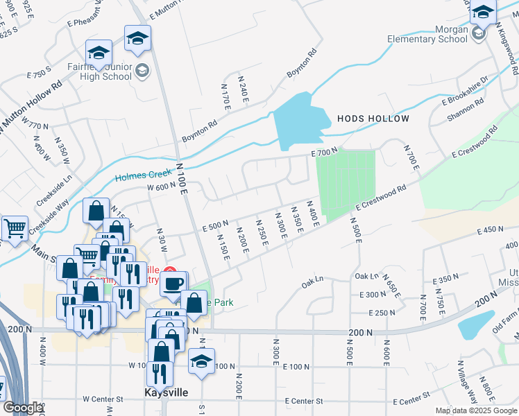 map of restaurants, bars, coffee shops, grocery stores, and more near 263 East 500 North in Kaysville