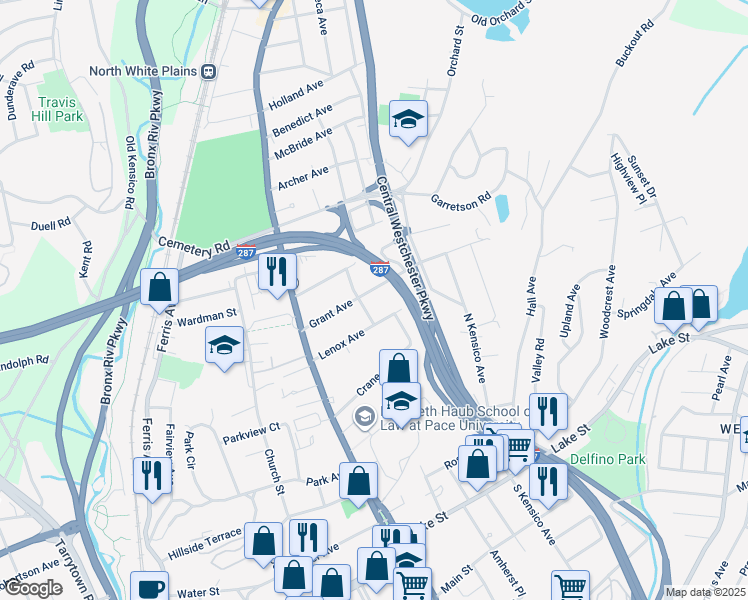 map of restaurants, bars, coffee shops, grocery stores, and more near 76 Grant Avenue in White Plains