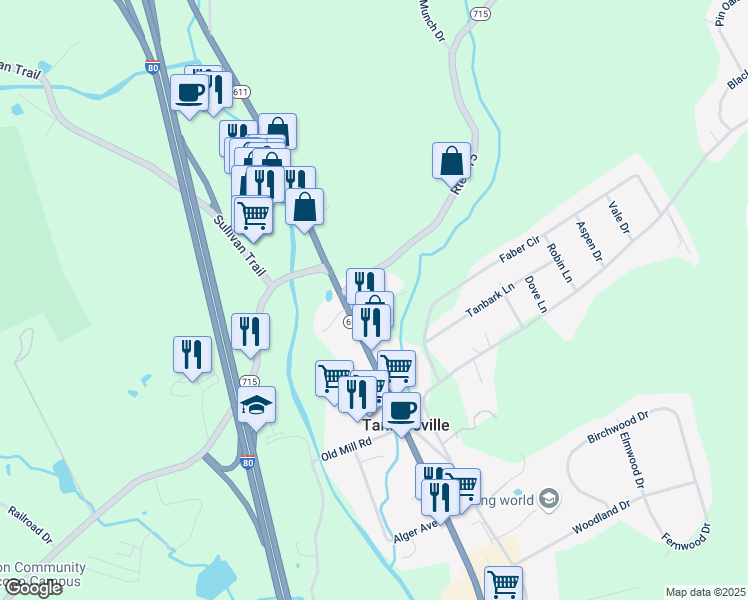 map of restaurants, bars, coffee shops, grocery stores, and more near 2013 Howells Lane in Tannersville