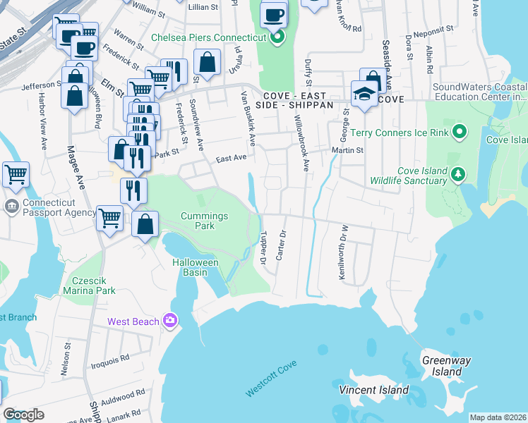 map of restaurants, bars, coffee shops, grocery stores, and more near 71 Wascussee Lane in Stamford