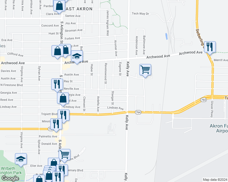 map of restaurants, bars, coffee shops, grocery stores, and more near 835 Staeger Street in Akron