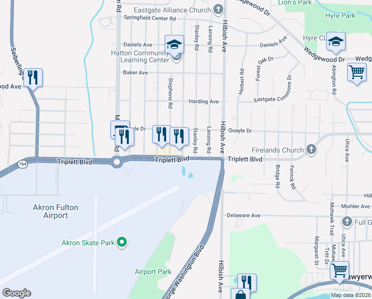 map of restaurants, bars, coffee shops, grocery stores, and more near 602 Hillman Road in Akron
