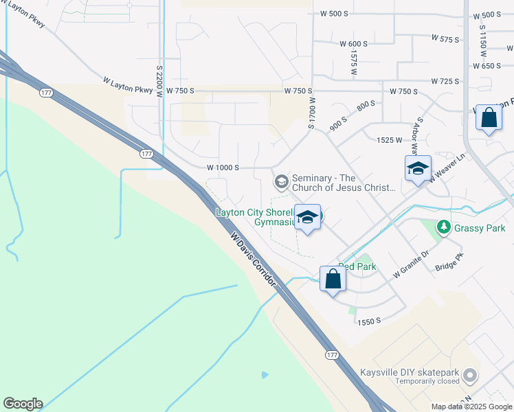 map of restaurants, bars, coffee shops, grocery stores, and more near 1124 South Neville Street in Layton