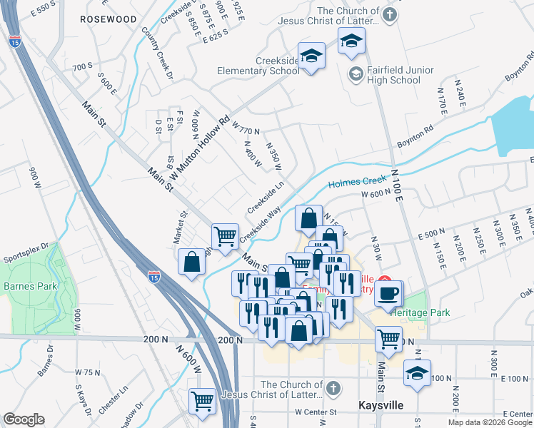 map of restaurants, bars, coffee shops, grocery stores, and more near 399 Creekside Lane in Kaysville