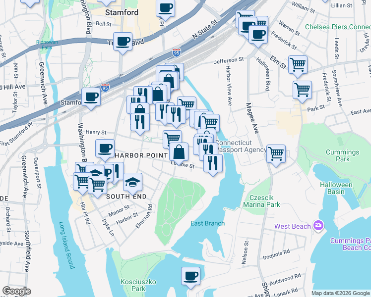 map of restaurants, bars, coffee shops, grocery stores, and more near 711 Canal Street in Stamford
