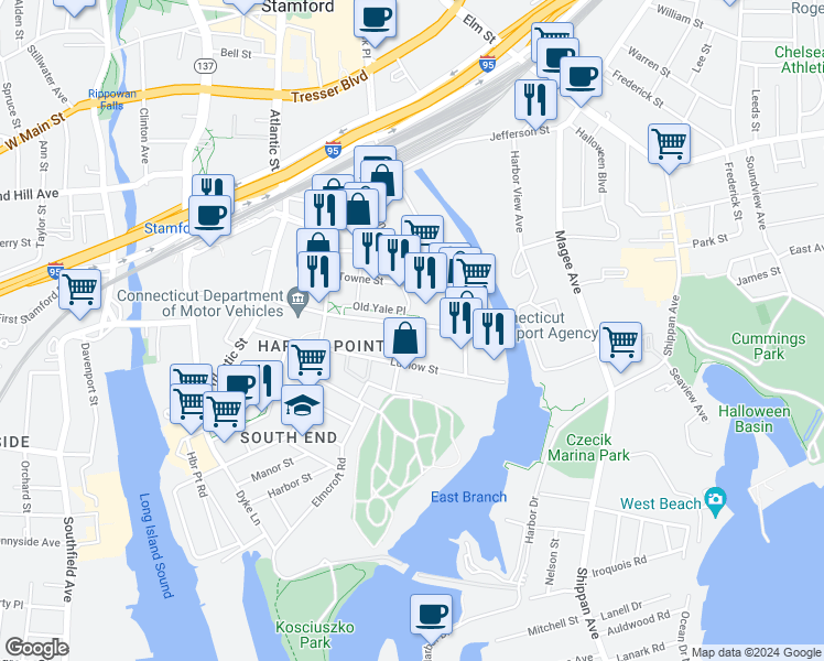 map of restaurants, bars, coffee shops, grocery stores, and more near 200 Henry Street in Stamford