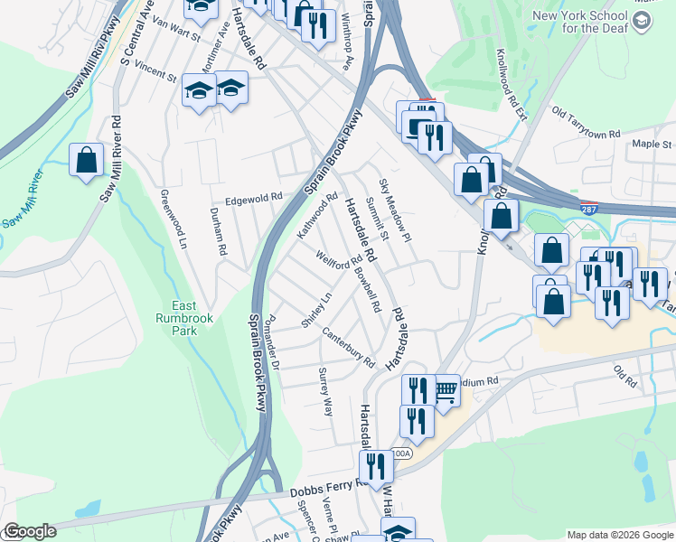 map of restaurants, bars, coffee shops, grocery stores, and more near 6 Aiken Way in White Plains
